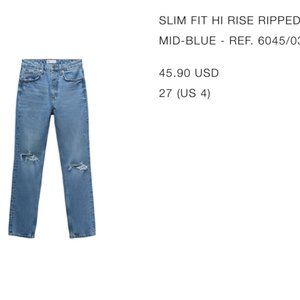 ZARA SLIM FIT HI RISE RIPPED JEANS MID-BLUE - REF. 6045/035
